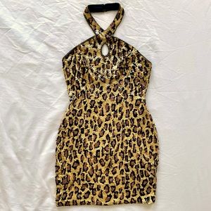 Vintage Leopard Sequin Mini Halter Dress from 80s 90s